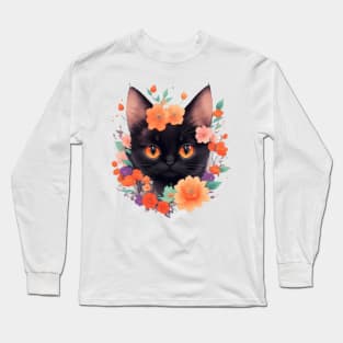 Midnight Meow: Cute Black Kitten and Vintage Floral Charm Long Sleeve T-Shirt